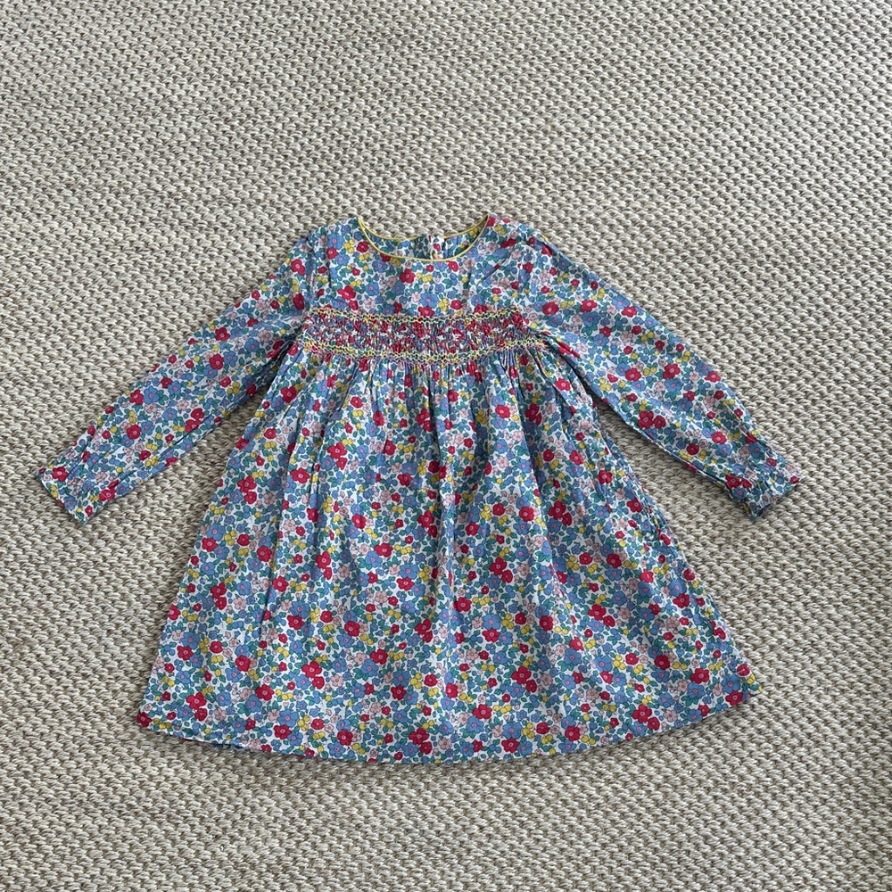 Mini Boden Floral Smocked Embroidered Dress with Long Sleeves